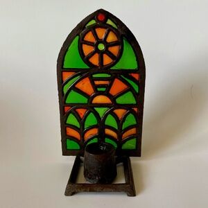 Vintage Cast Iron Stained Glass Mosaic Gothic Window Shaped Taper Candleholder